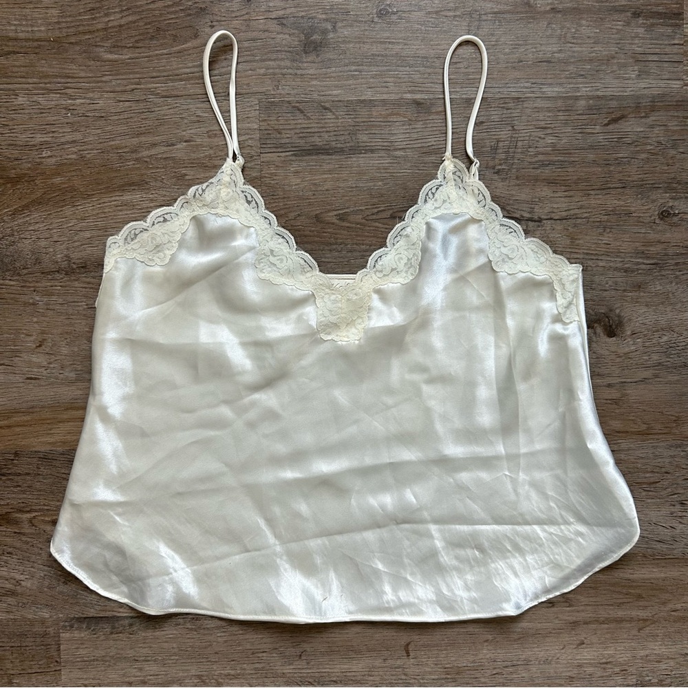 80s White Silky Lace Trim Camisole